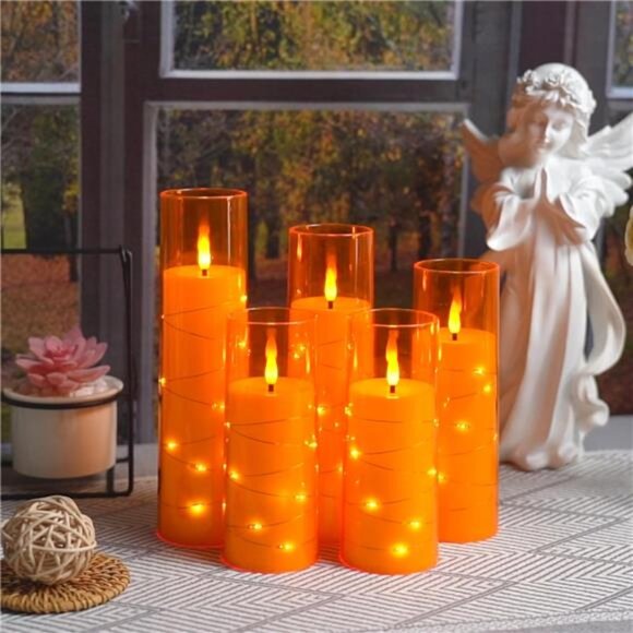 5 Pc Flameless LED Candles with Timer - Orange, Flickering, Star String Decor - Picture 5 of 6